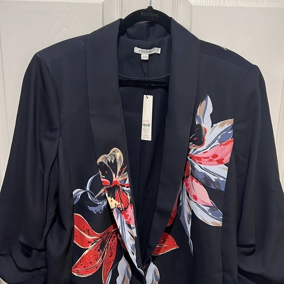 Chicos navy floral ruched sleeve soft open front blazer jacket size 3.5 XL - Picture 4 of 13
